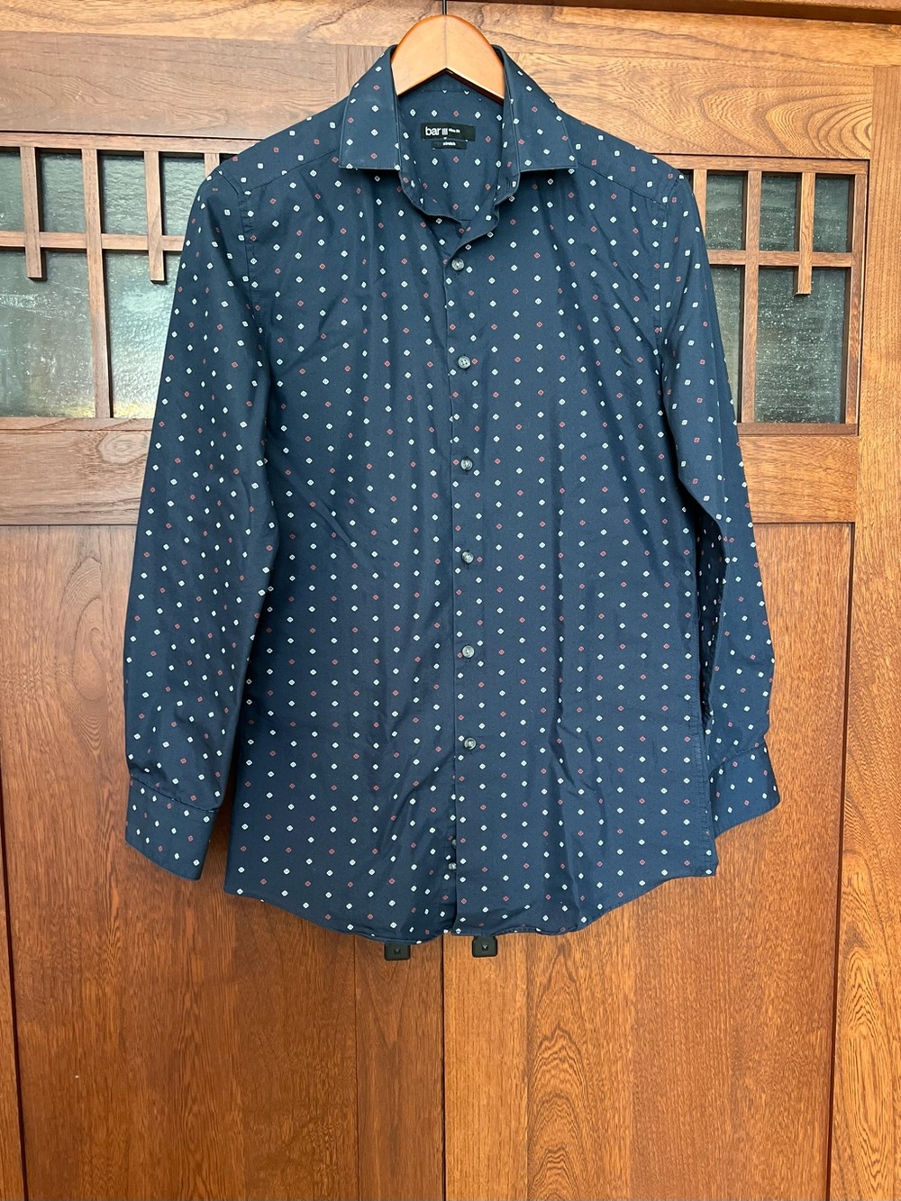 Bar III Navy Button-Down with Red & White Micro Dots